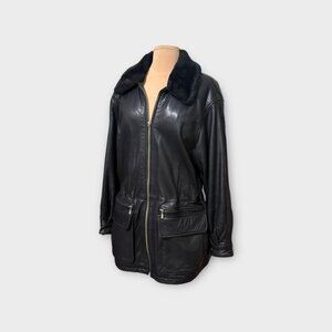 Vintage Leather Coat Black M Jacket 90s Retro Oversized Mid Faux Fur Trim Women